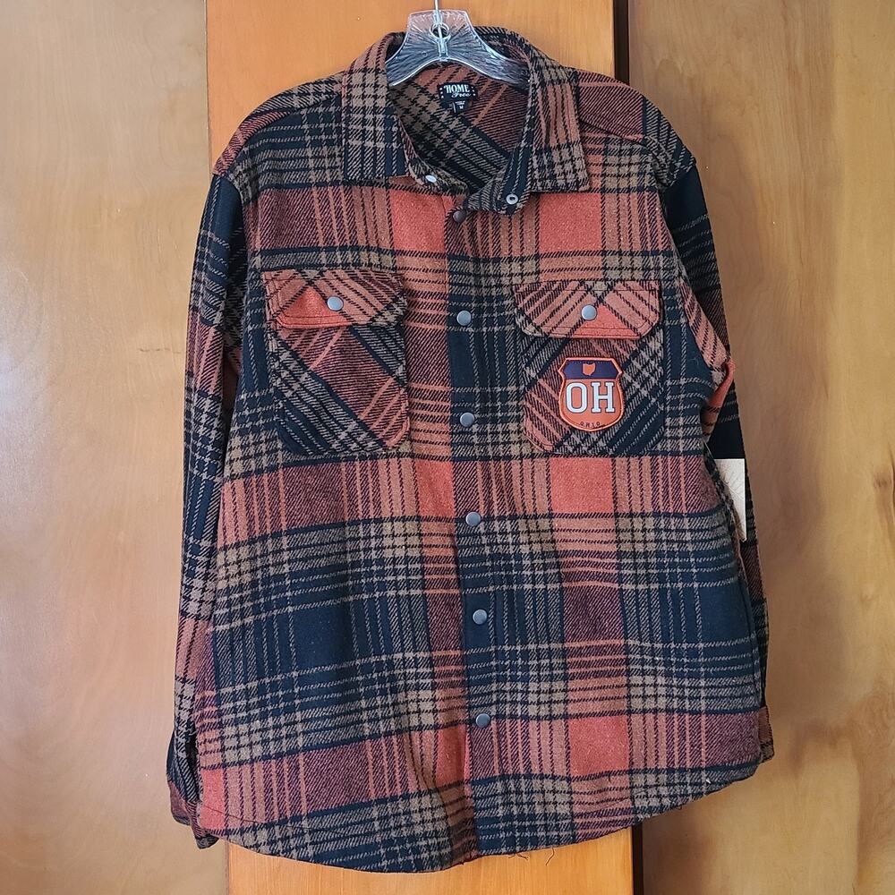 Unisex Home Free Flannel Plaid Snap Down Shacket Medium Ohio Patch NWT